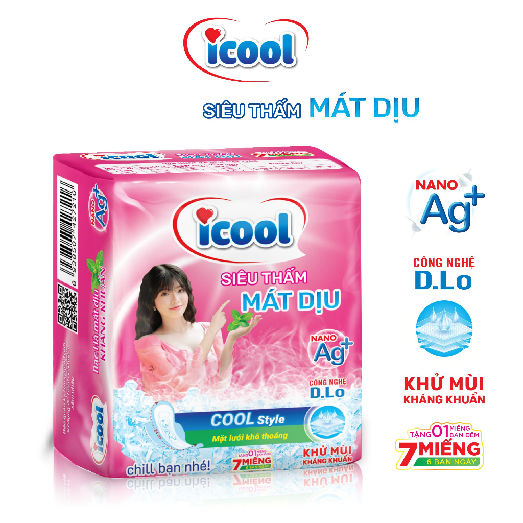 Băng vệ sinh ICOOL Siêu Thấm mới , BVS ban ngày 24cm,có cánh, mặt lưới khô thoáng,bạc hà mát dịu