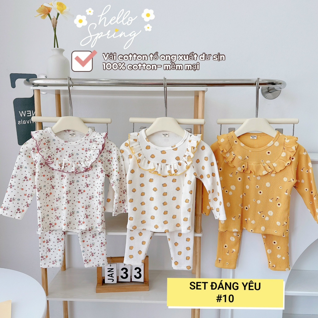 Bộ dài tay bèo tiểu thư chất cotton tổ ong xuất dư cho bé gái