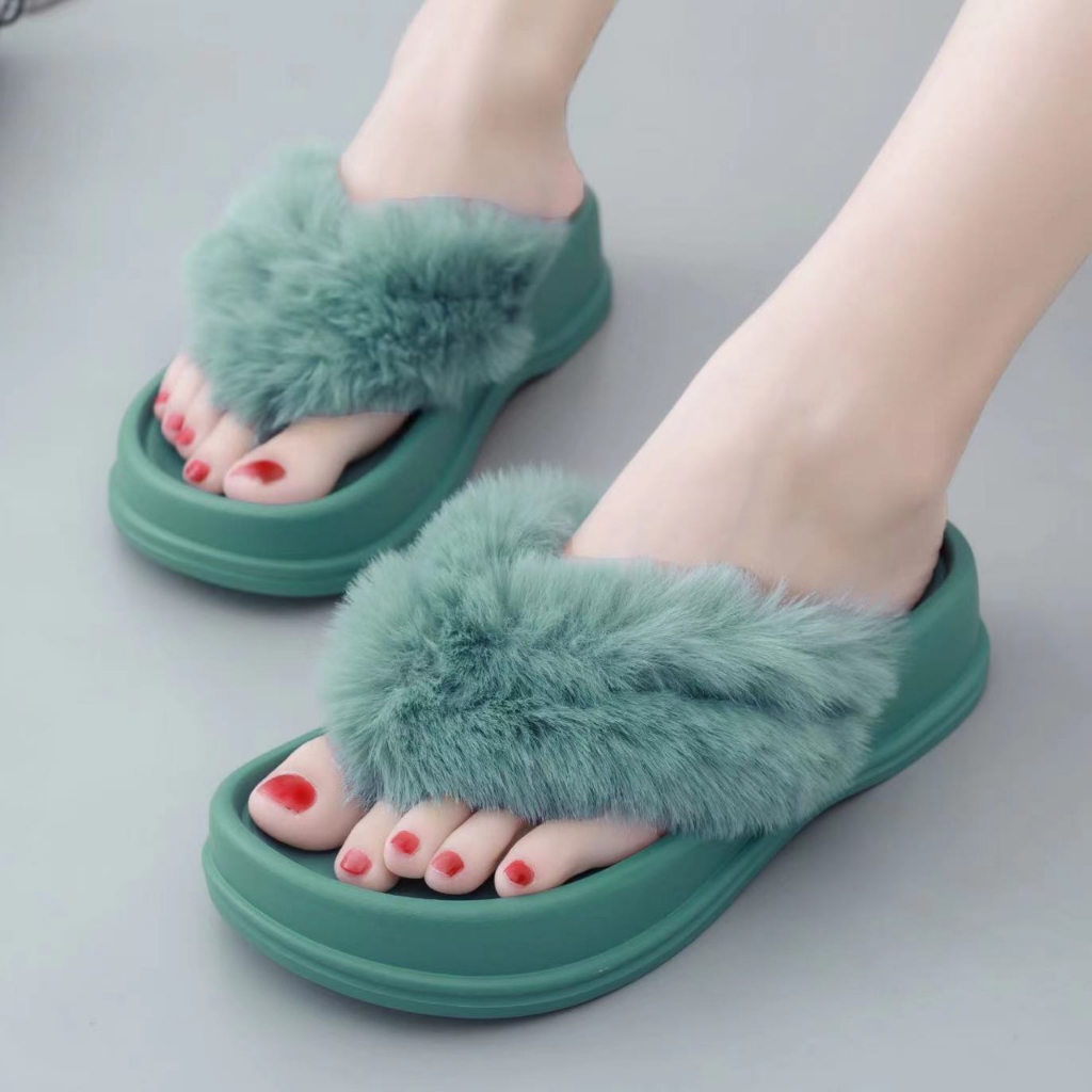 8560- BEST SHOP- Dép kẹp nữ lông xù đế nhựa không thấm nước đi được trong nhà hoặc ra ngoài hàng có sẵn