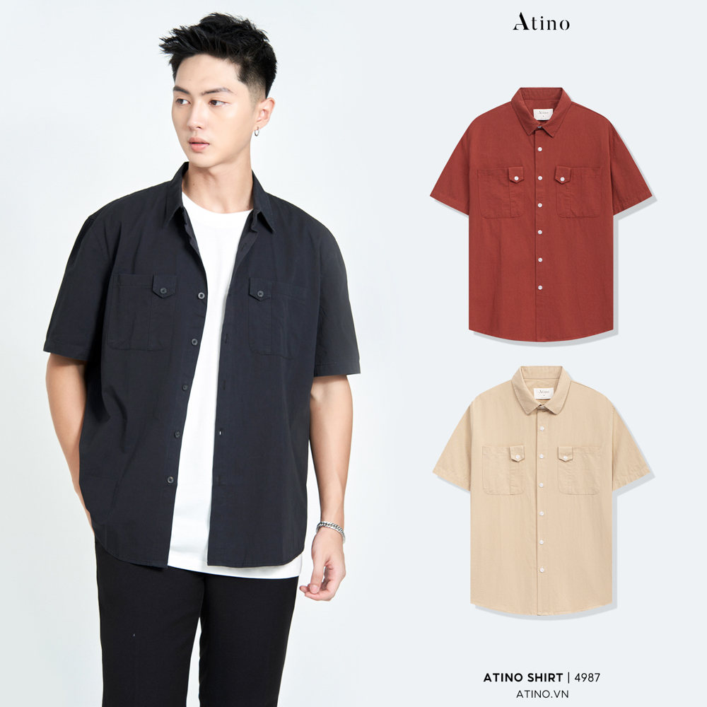 Áo sơ mi cộc tay Cuban Shirt Nam Trơn ATINO vải 100% Cotton form regular SM3.4987