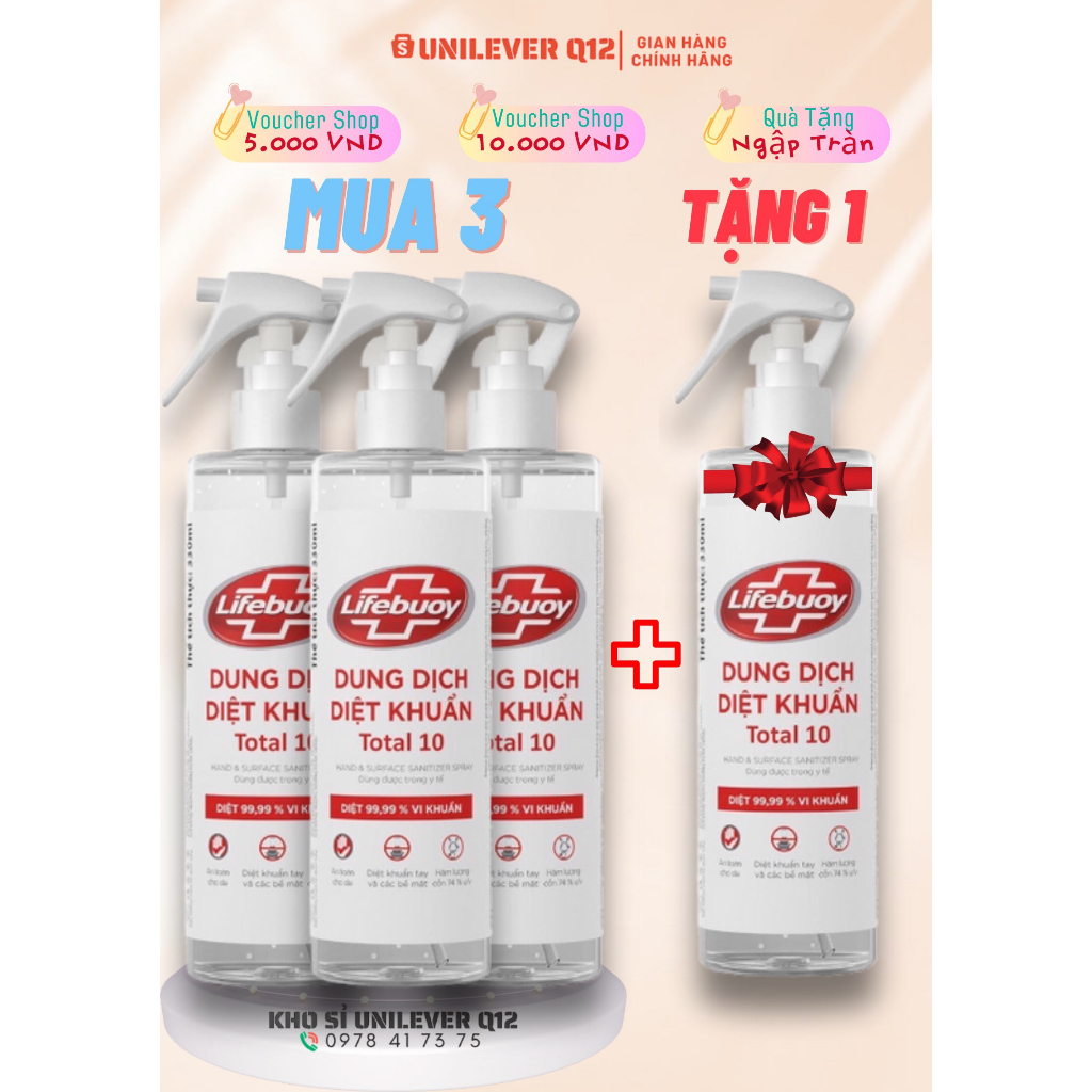 Combo 3 chai Dung dịch Lifebuoy xịt diệt khuẩn cho tay và các bề mặt (330ml/chai)