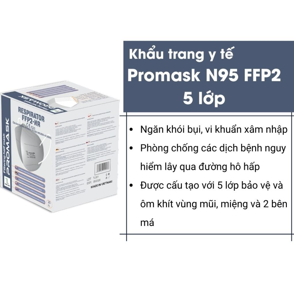 Khẩu trang y tế Promask N95 FFP2-NR 5 lớp đạt chuẩn xuất khẩu 20c Hộp