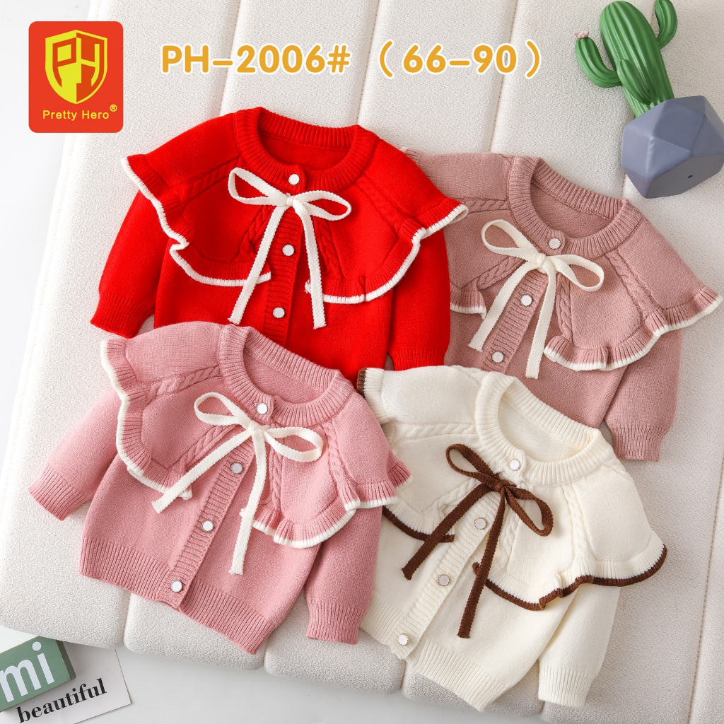 Áo Khoác Len Dài Tay Bé Gái, Áo Len Bé Gái (Mã PH-2006) - Áo Khoác Len Cổ Bèo Thắt Nơ (Size 66-90)