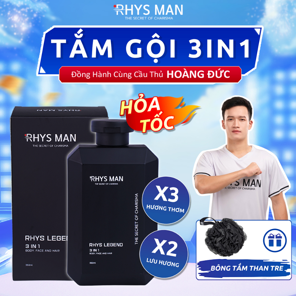 Sữa tắm gội nam RHYS MAN hương nước hoa 3 in 1 Rhys Legend 350ml - Hàng chính hãng