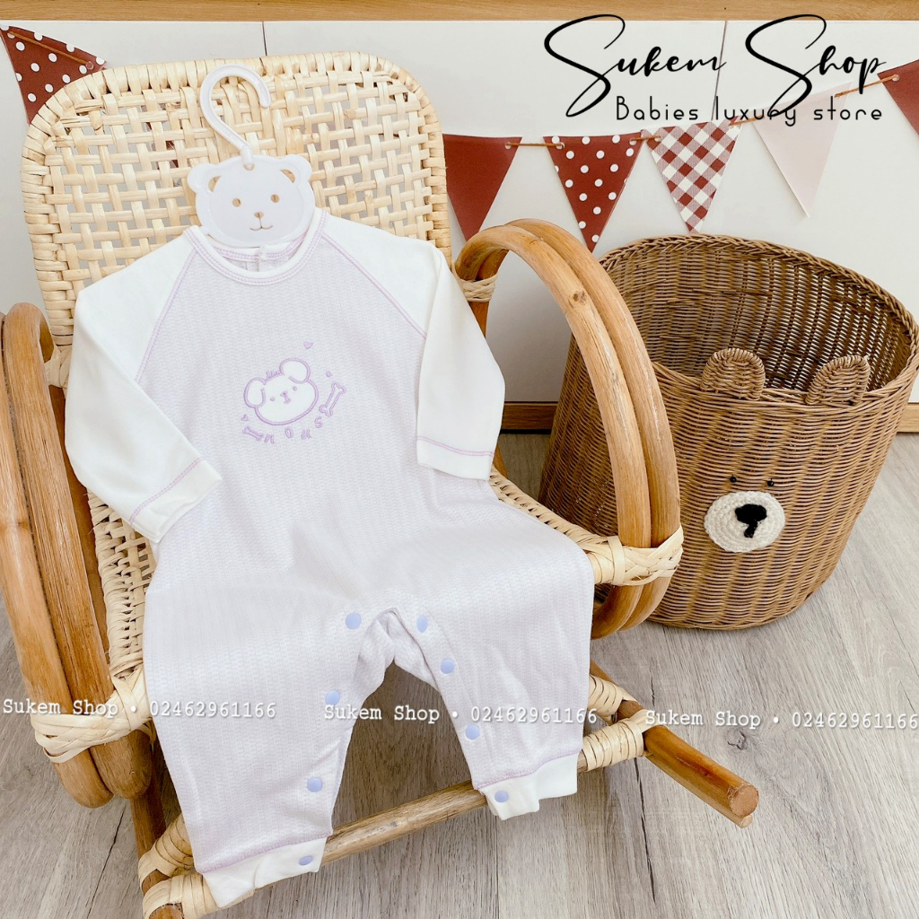 Bodysuit Không Tất Dài Kẻ Phối Tay Thêu Mặt Cún Nous Velours Cho Bé