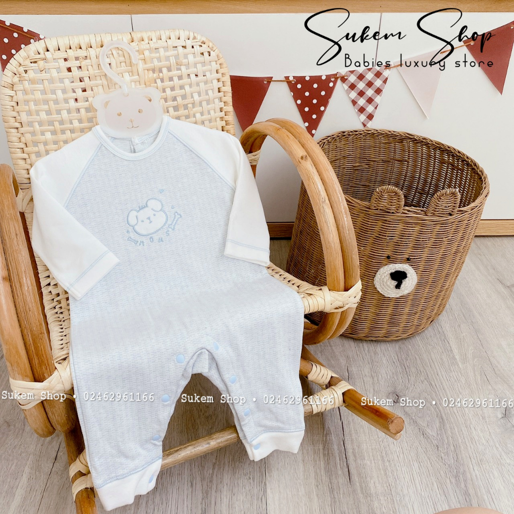 Bodysuit Không Tất Dài Kẻ Phối Tay Thêu Mặt Cún Nous Velours Cho Bé