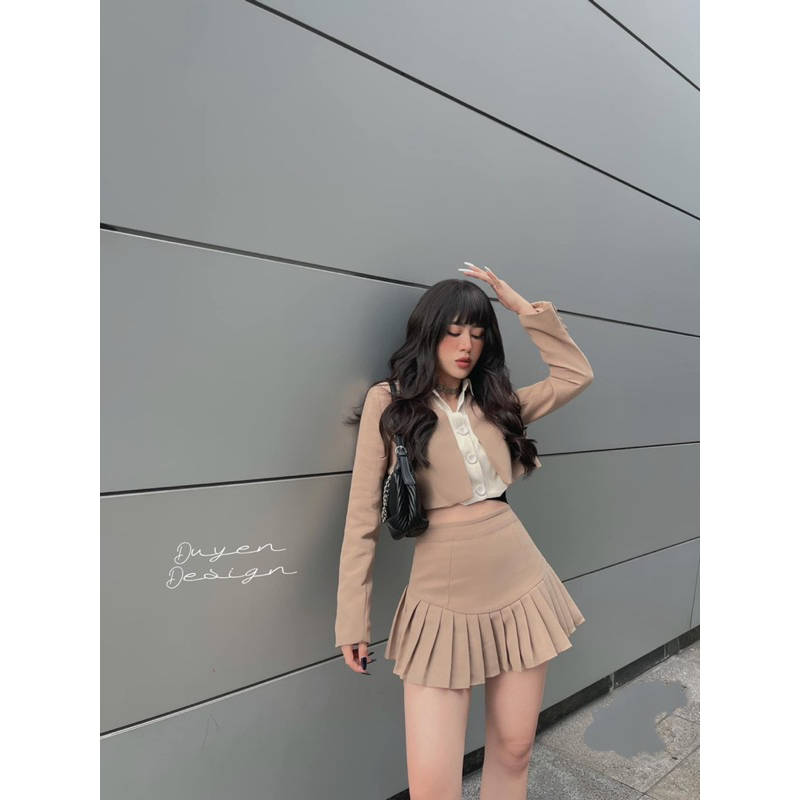 Set 3 Món Áo Sơ Mi, Áo Khoác Vest Croptop, Chân Váy Ngắn Xếp Ly