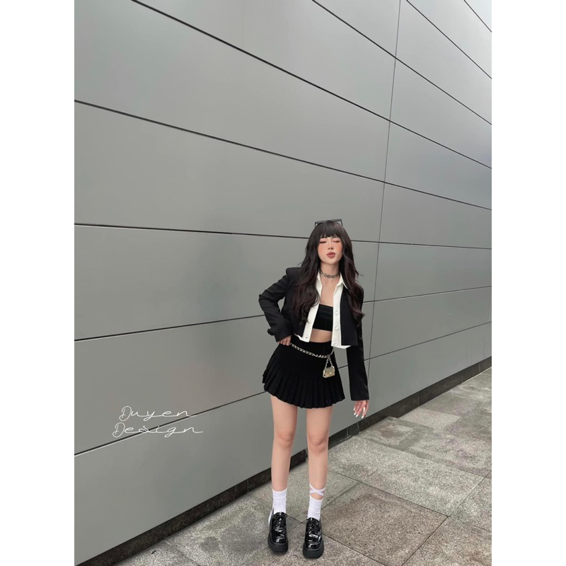 Set 3 Món Áo Sơ Mi, Áo Khoác Vest Croptop, Chân Váy Ngắn Xếp Ly