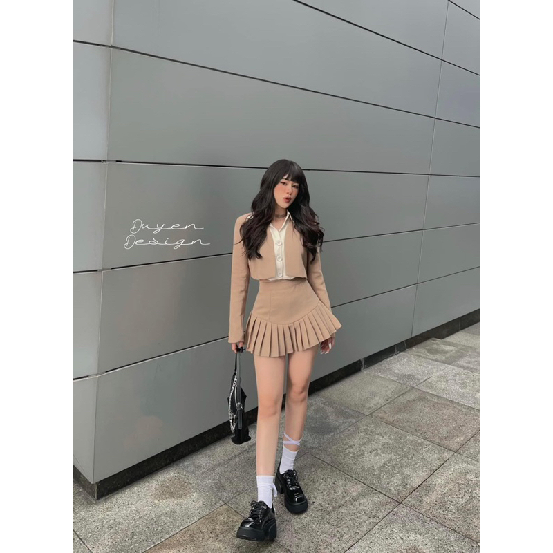 Set 3 Món Áo Sơ Mi, Áo Khoác Vest Croptop, Chân Váy Ngắn Xếp Ly