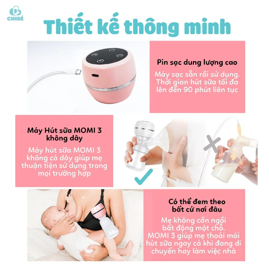 MÁY HÚT SỮA ĐƠN KHÔNG DÂY CHIBÉ MOMI 3 - CB025 - TẶNG KÈM ÁO HÚT SỮA - BẢO HÀNH 18 THÁNG