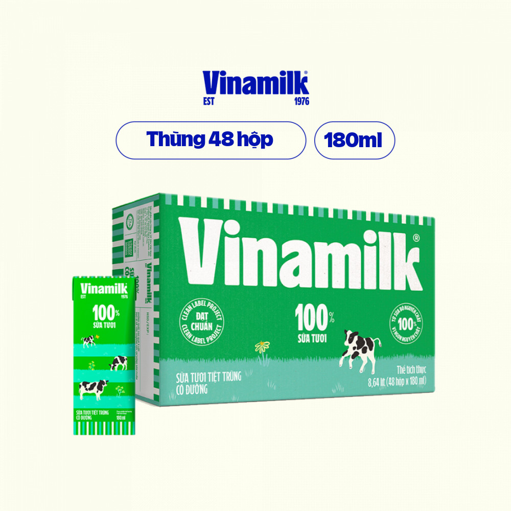 Thùng sữa tươi tiệt trùng Vinamilk Có đường hộp 180ml