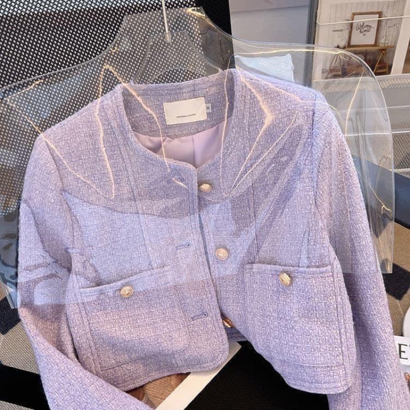 Áo dạ Tweed không cổ màu tím thời trang