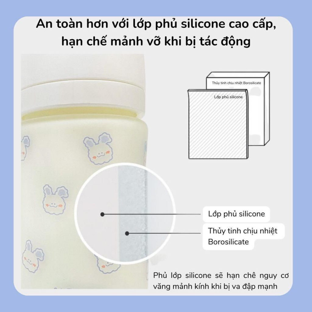 Bình sữa Ubmom thủy tinh phủ silicon siêu nhẹ, an toàn cho bé họa tiết thỏ, gấu đáng yêu size 180ml/240ml