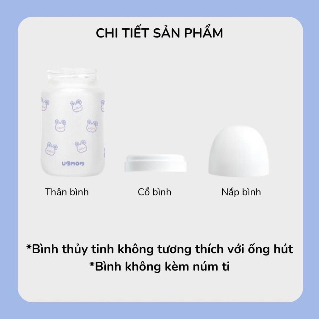 Bình sữa Ubmom thủy tinh phủ silicon siêu nhẹ, an toàn cho bé họa tiết thỏ, gấu đáng yêu size 180ml/240ml