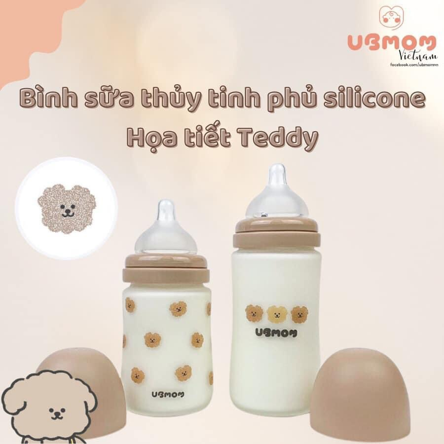 Bình sữa Ubmom thủy tinh phủ silicon siêu nhẹ, an toàn cho bé họa tiết thỏ, gấu đáng yêu size 180ml/240ml