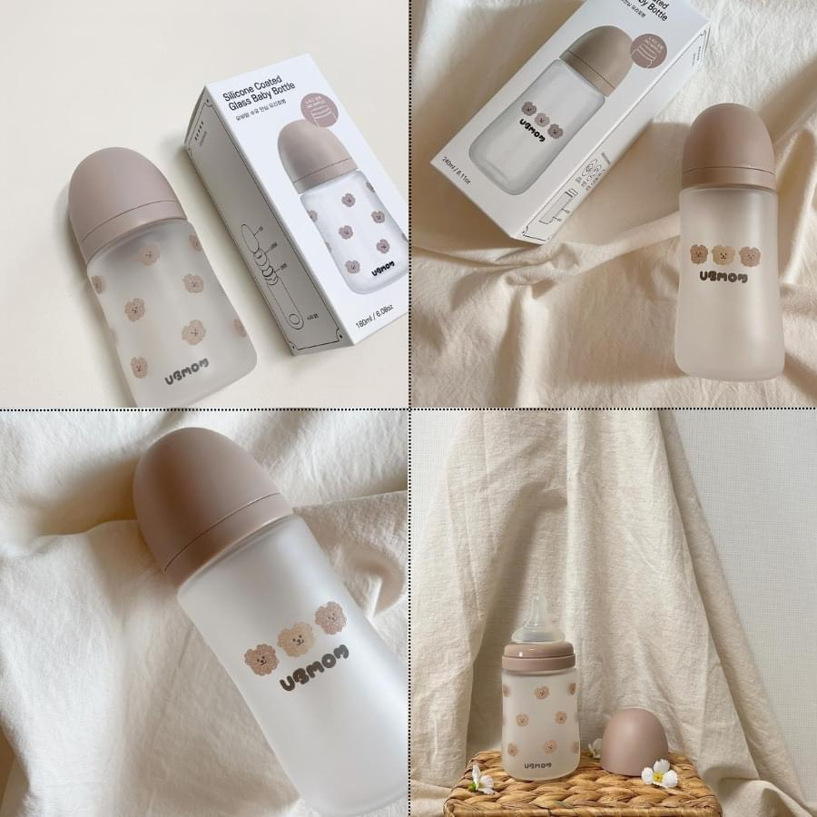 Bình sữa Ubmom thủy tinh phủ silicon siêu nhẹ, an toàn cho bé họa tiết thỏ, gấu đáng yêu size 180ml/240ml
