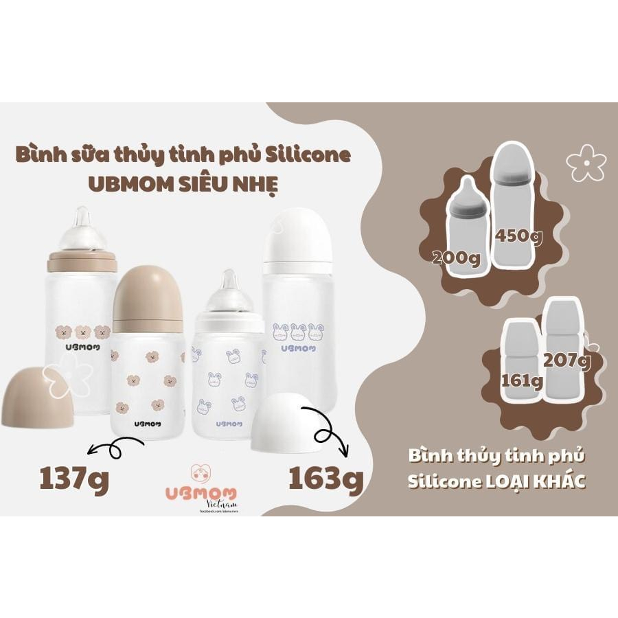 Bình sữa Ubmom thủy tinh phủ silicon siêu nhẹ, an toàn cho bé họa tiết thỏ, gấu đáng yêu size 180ml/240ml