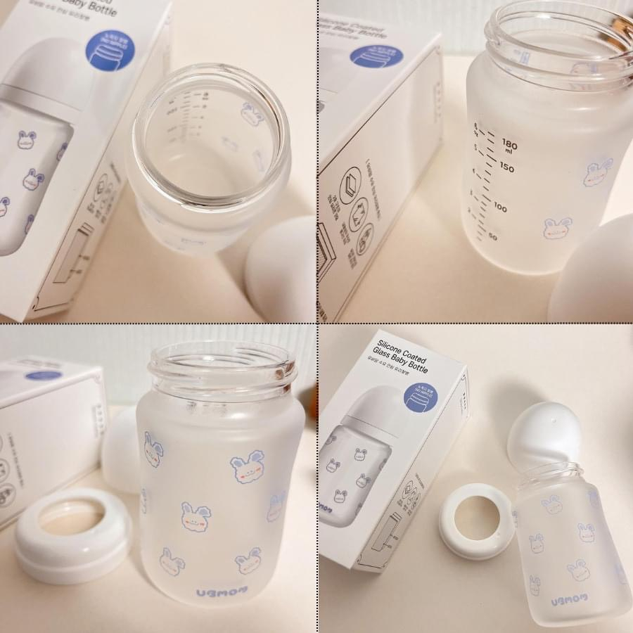 Bình sữa Ubmom thủy tinh phủ silicon siêu nhẹ, an toàn cho bé họa tiết thỏ, gấu đáng yêu size 180ml/240ml
