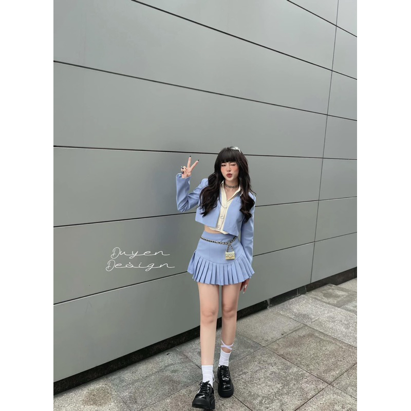 Set 3 Món Áo Sơ Mi, Áo Khoác Vest Croptop, Chân Váy Ngắn Xếp Ly