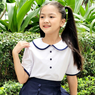 Áo sơ mi bé gái cổ lá sen phối viền đồng phục học sinh nữ