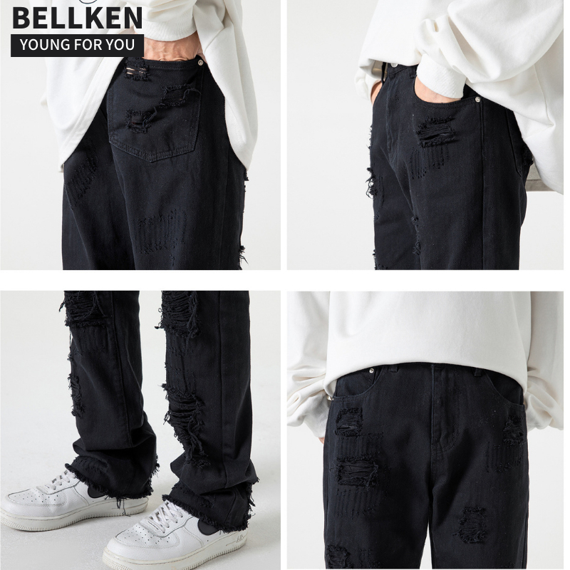 Quần jean nam rách gối trắng dáng suông phong cách hàn quốc rách gối style Quần bò rách gối CẠP CAO ống suông rộng
