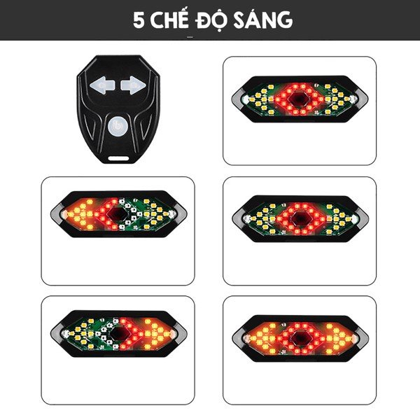 Đèn xi nhan xe đạp LED rẽ trái phải remote điều khiển từ xa không dây sạc USB chống nước kiêm đèn hậu