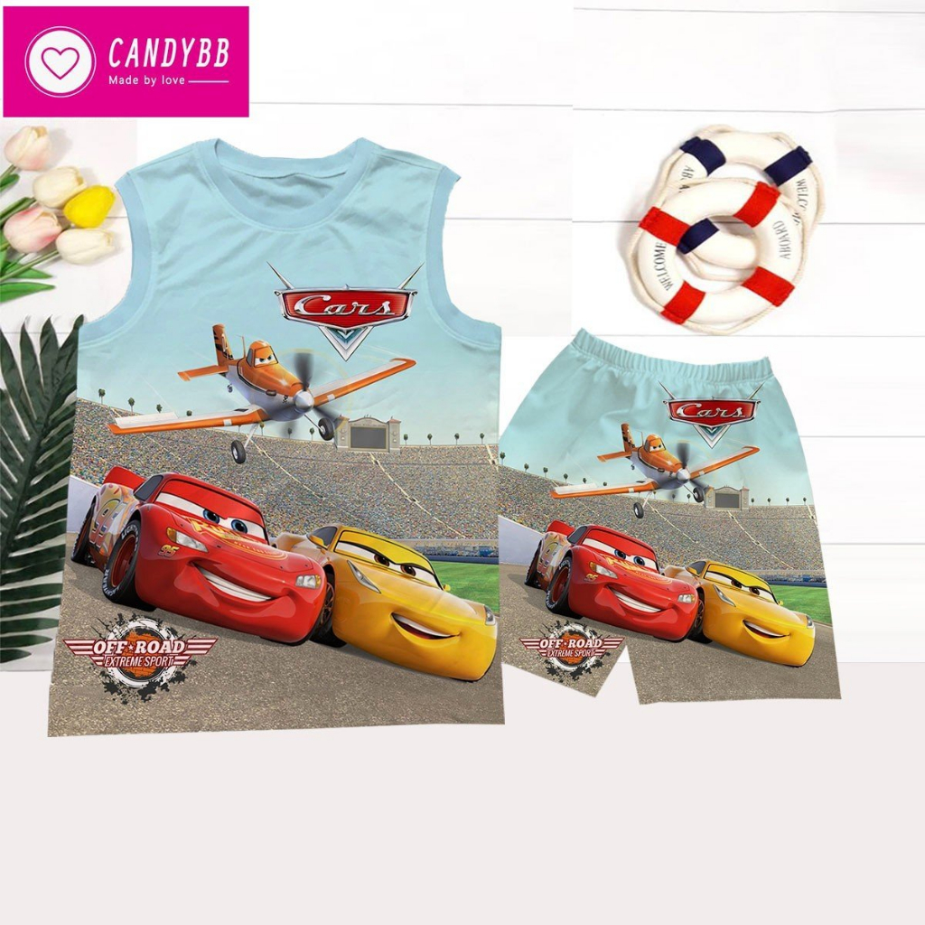 Đồ bộ ba lỗ bé trai, bộ thun lạnh sát nách in hình Xe Ôtô Cars MC Queen nhiều mẫu từ 10kg -60kg