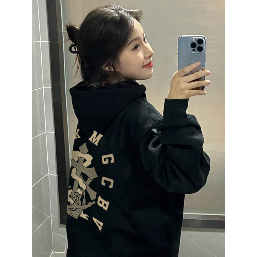 FOCUS local brand fashion vintage cổ tròn nữ Đen Áo hoodie trơn unisex nỉ ulzzang basic 100%cotton