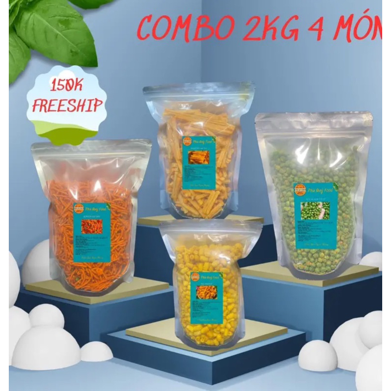 Combo 2kg 4 món đồ ăn vặt khoai tây, nui chiên bơ, bimbim que, đậu hà lan