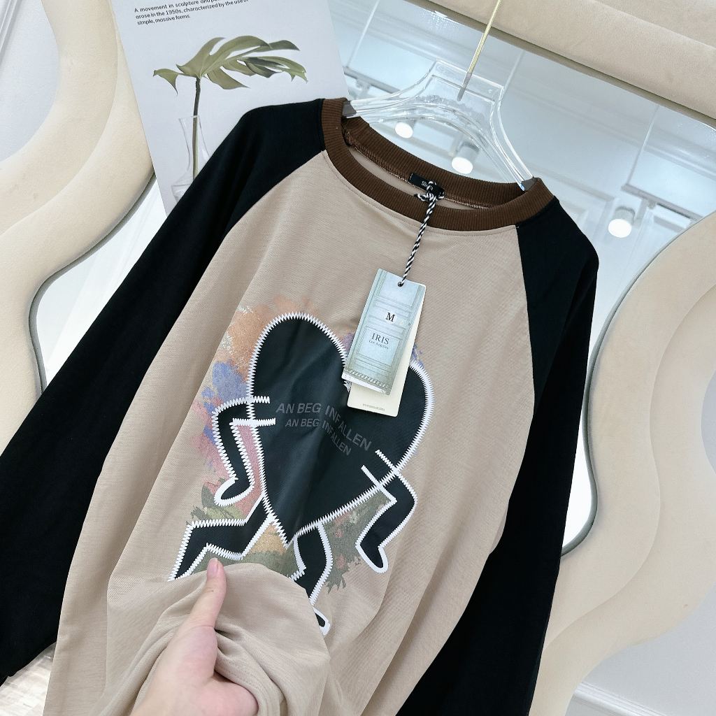 Áo Thun Nữ Dài Tay Trái Tim Phối Màu Nâu Đen Áo Phối Tay Freesize