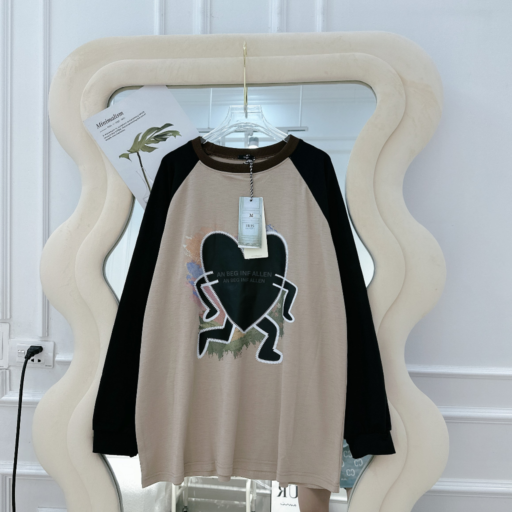 Áo Thun Nữ Dài Tay Trái Tim Phối Màu Nâu Đen Áo Phối Tay Freesize