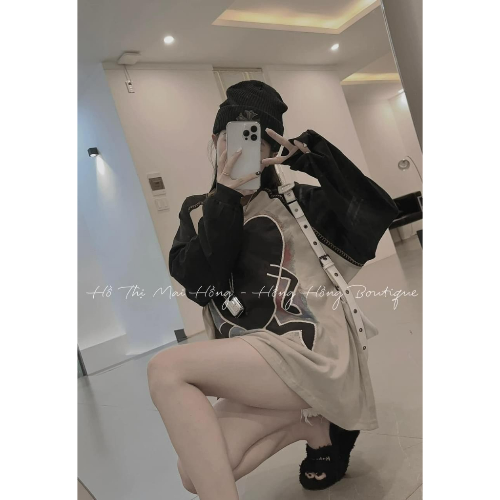 Áo Thun Nữ Dài Tay Trái Tim Phối Màu Nâu Đen Áo Phối Tay Freesize