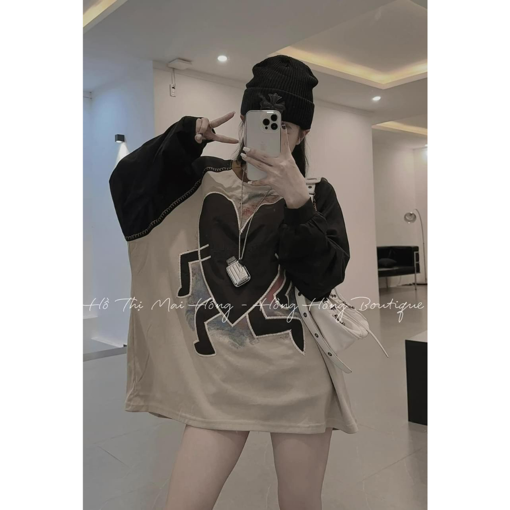 Áo Thun Nữ Dài Tay Trái Tim Phối Màu Nâu Đen Áo Phối Tay Freesize