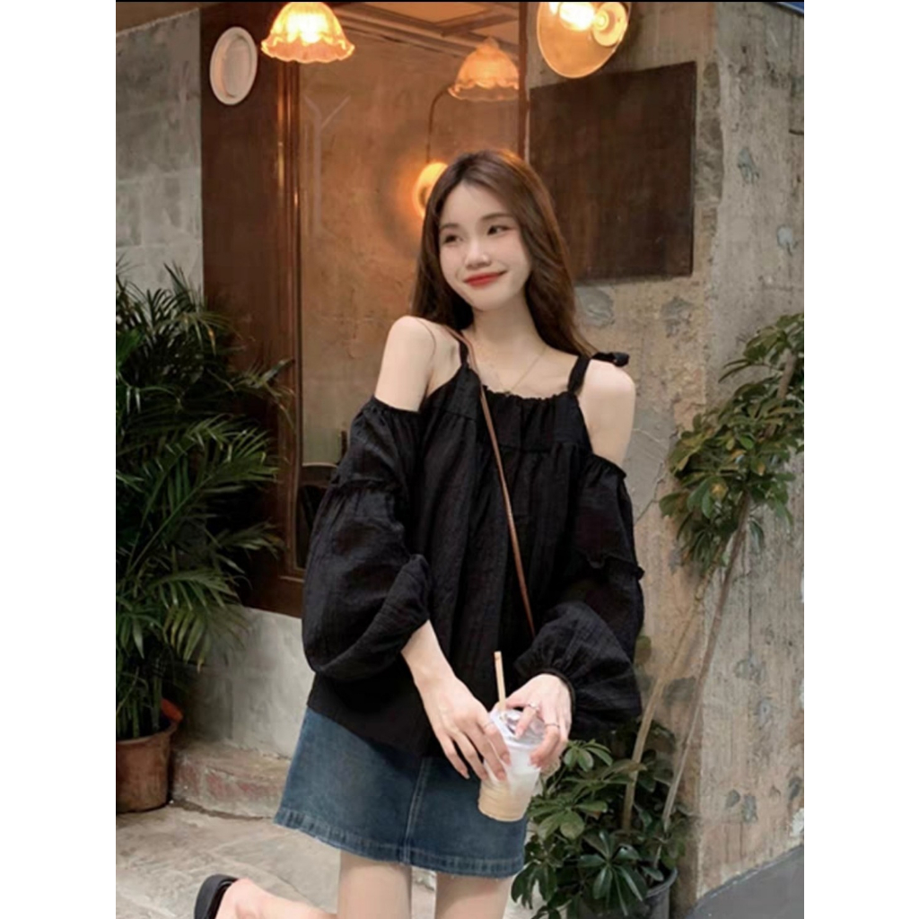 Áo babydoll hở vai tay dài cổ yếm  buộc dây chất liệu đũi gân phong cách Hàn Quốc - su su shop