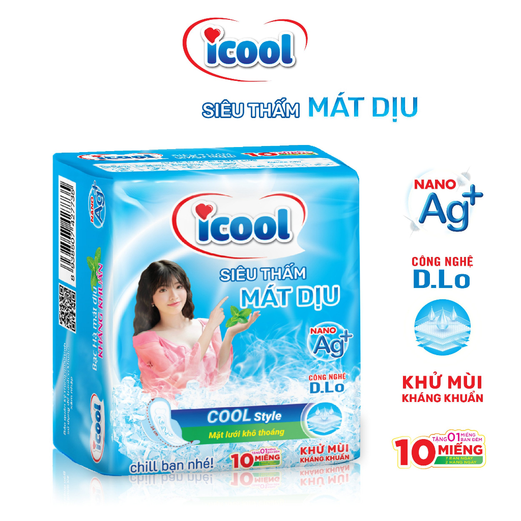 Băng vệ sinh ICOOL Siêu Thấm mới , BVS ban ngày 24cm,có cánh, mặt lưới khô thoáng,bạc hà mát dịu