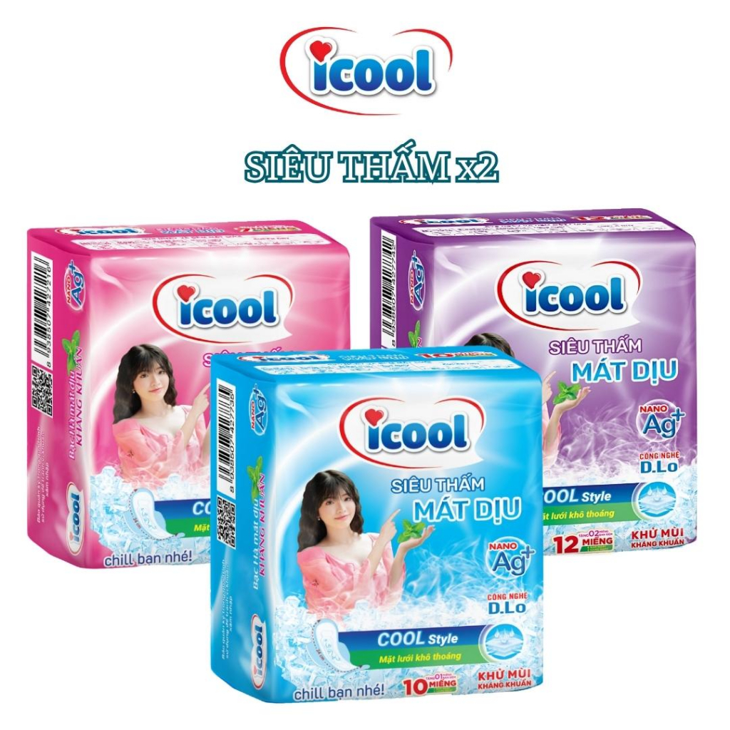 Băng vệ sinh ICOOL Siêu Thấm mới , BVS ban ngày 24cm,có cánh, mặt lưới khô thoáng,bạc hà mát dịu