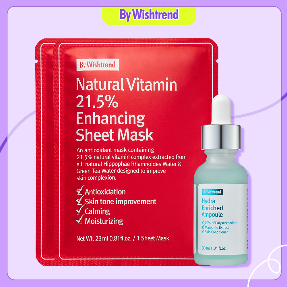 Combo By Wishtrend tinh chất Hydra Enriched Ampoule 30ml + 2 mặt nạ giấy Natural Vitamin 21.5% Sheet Mask 23ml