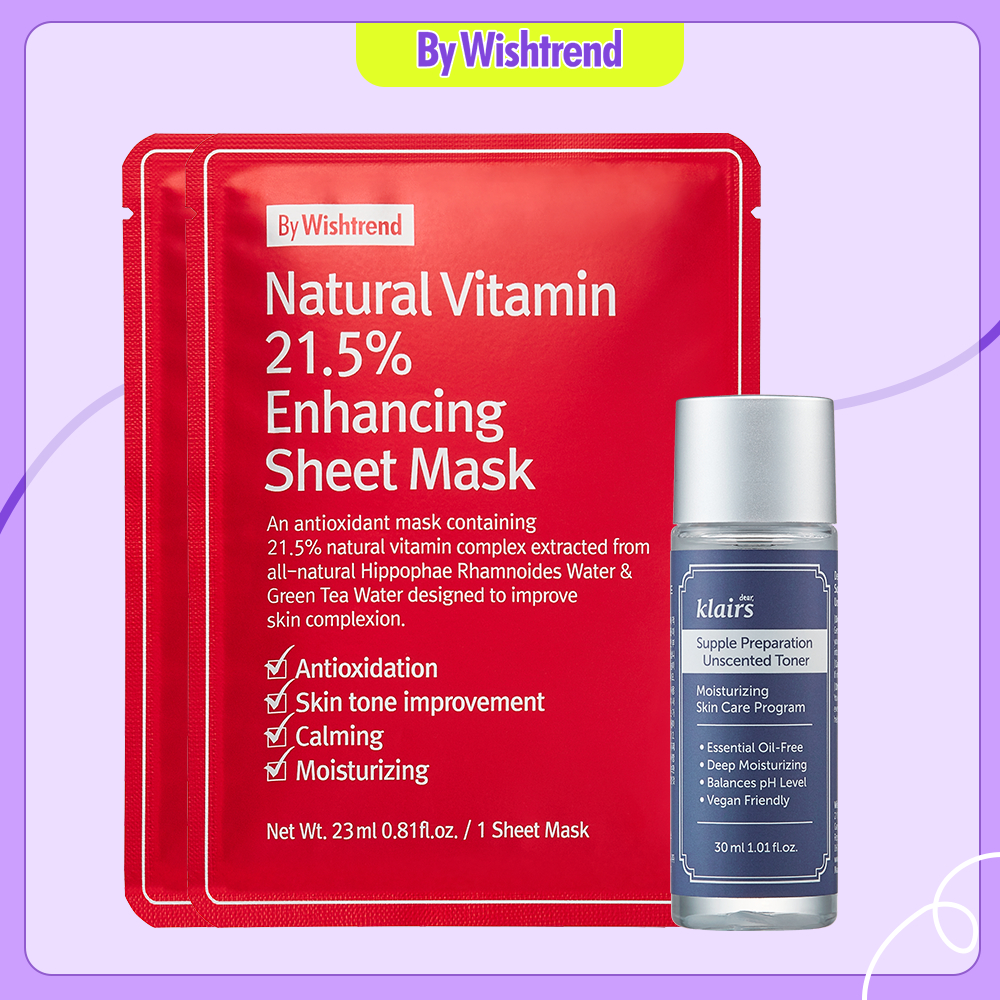 (QT KHÔNG BÁN)1pcs Klairs nước hoa hồng 30ml + 2 pcs By Wishtrend mặt nạ giấy Natural Vitamin 21.5% Enhancing Sheet Mask