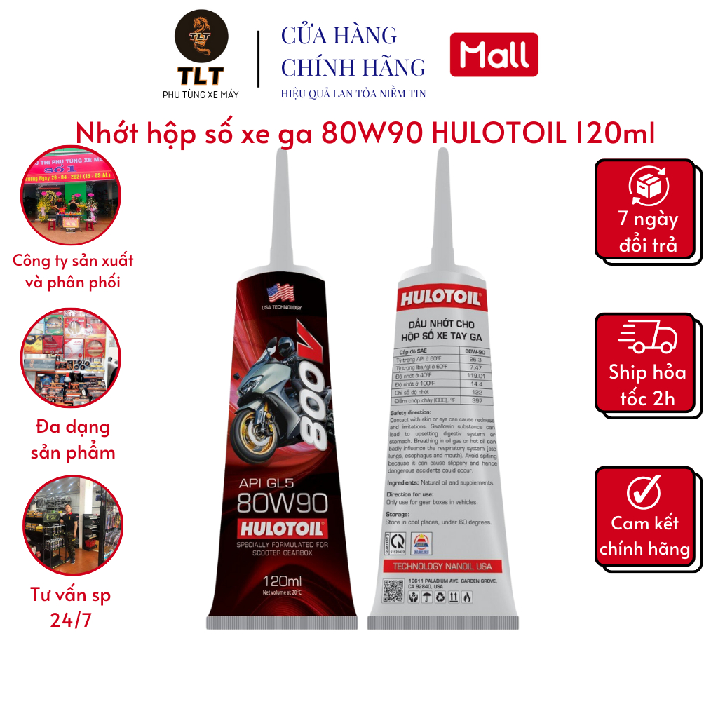 Nhớt hộp số xe ga cao cấp TLT Hulotoil 800v 80W90 120ml, nhớt láp sử dụng tất cả loại xe tay ga
