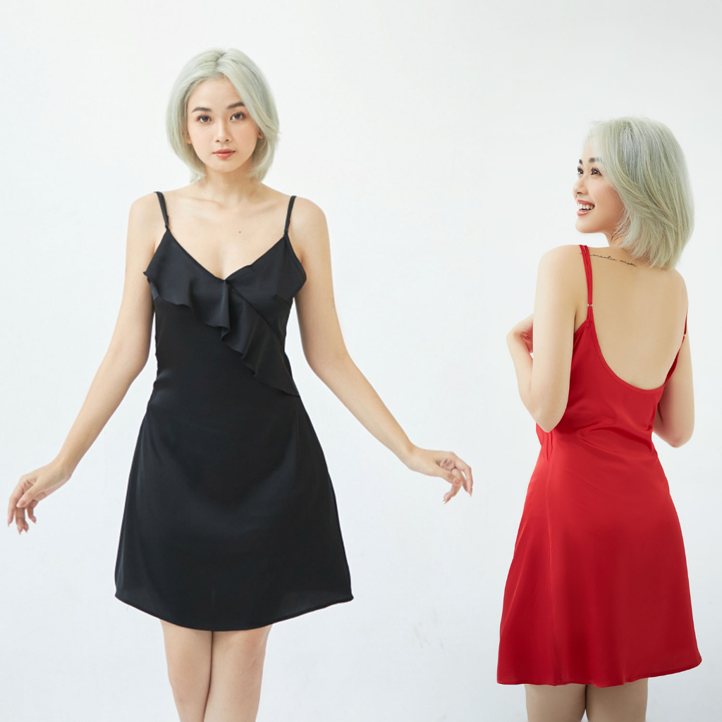 VIBES Váy ngủ Lụa trơn cao cấp Ruffle Dress