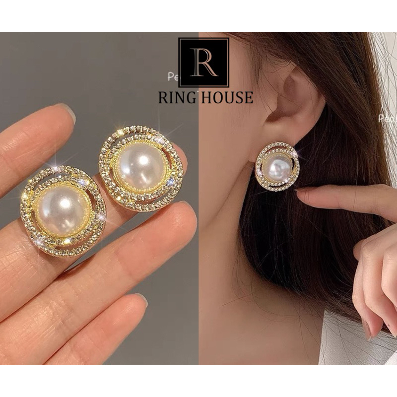 (Chuôi bạc 925) E363 Khuyên tai bông tai nữ tròn xoắn đính hạt trai lớn dự tiệc đẹp cô dâu Ring Hous