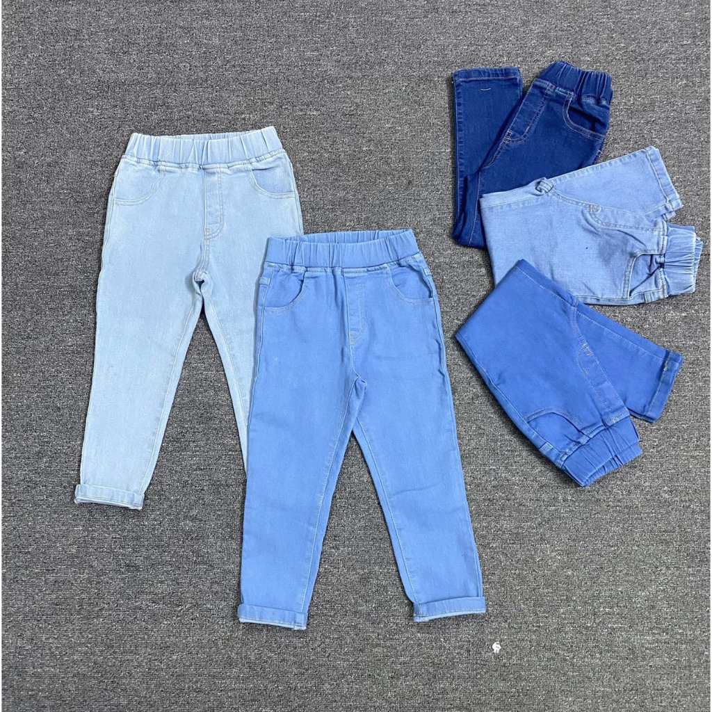 Quần jean baggy bé gái bé trai unisex co giãn mềm xuất dư xịn hàn cho bé từ 5-12 tuổi 14-40kg