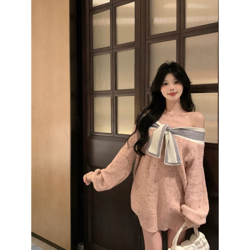 Áo len nữ thắt nơ mùa thu dệt kim dáng rộng