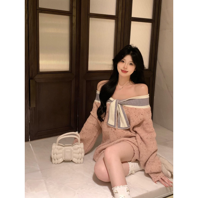 Áo len nữ thắt nơ mùa thu dệt kim dáng rộng