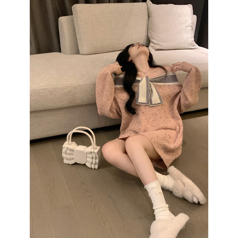 Áo len nữ thắt nơ mùa thu dệt kim dáng rộng