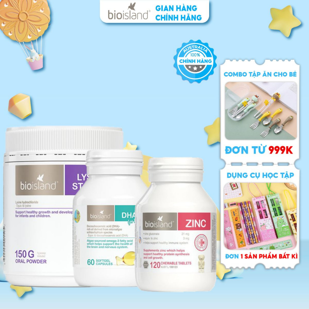 Combo chăm sóc toàn diện bé DHA, Kẽm ZInC, Lysine Bioisland giúp bé thông minh, khỏe mạnh, cao lớn