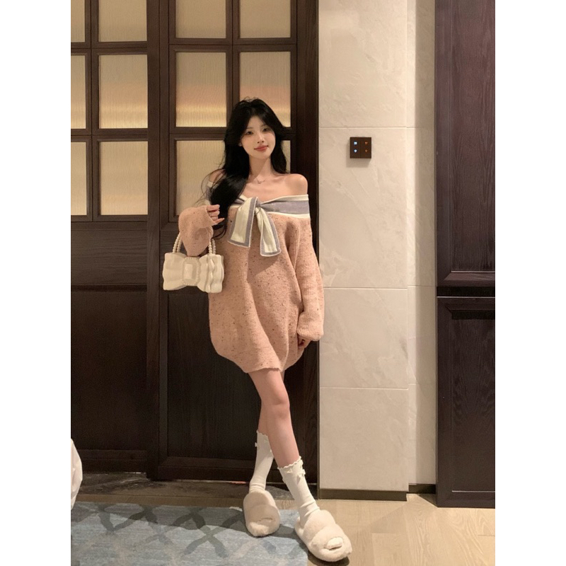 Áo len nữ thắt nơ mùa thu dệt kim dáng rộng