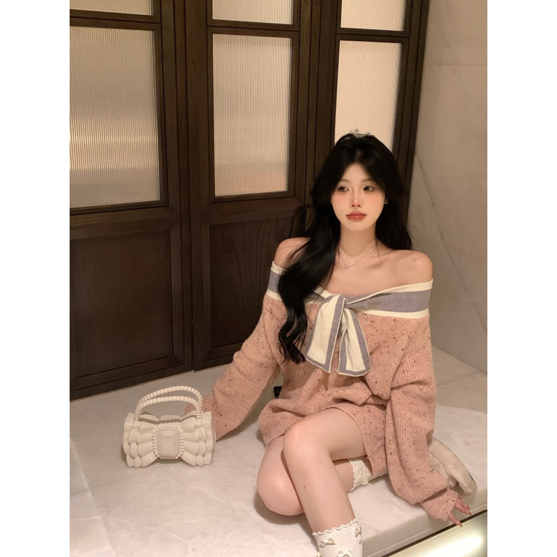 Áo len nữ thắt nơ mùa thu dệt kim dáng rộng