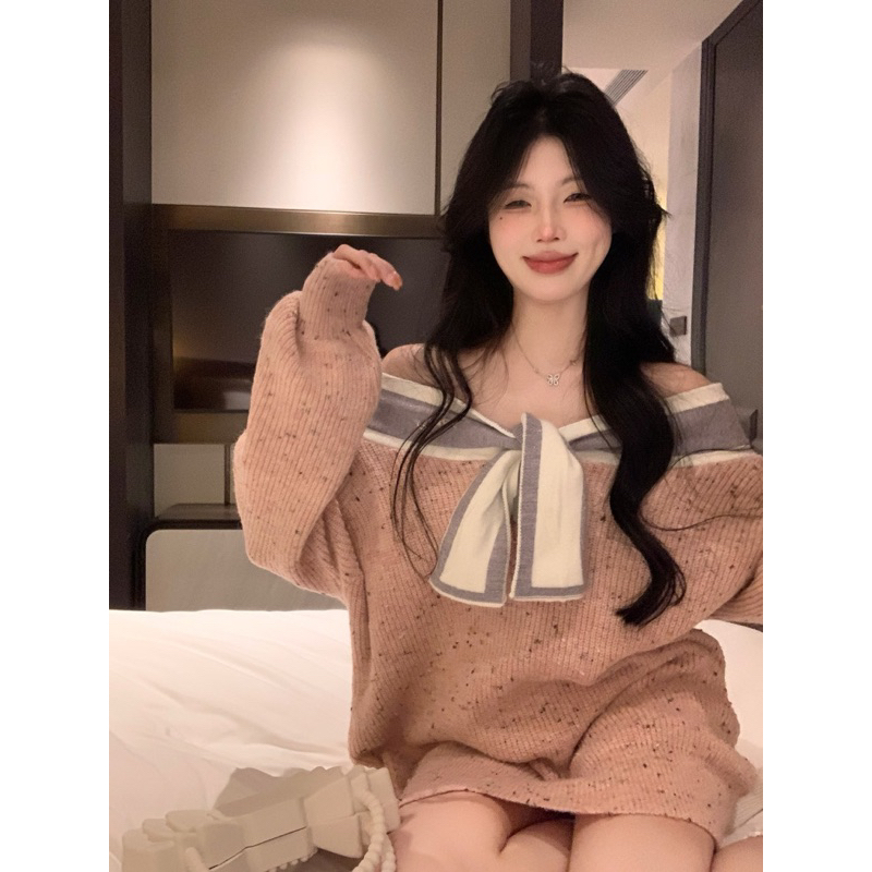 Áo len nữ thắt nơ mùa thu dệt kim dáng rộng