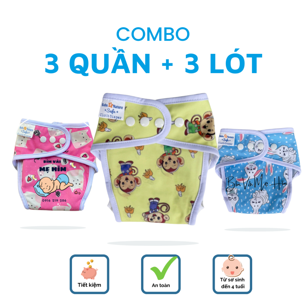 Combo 3 Bộ Bỉm Vải Babu Nature Chống Hăm, chống tràn, chống thấm Cho Bé sơ sinh, bé trai, bé gái Size M,L